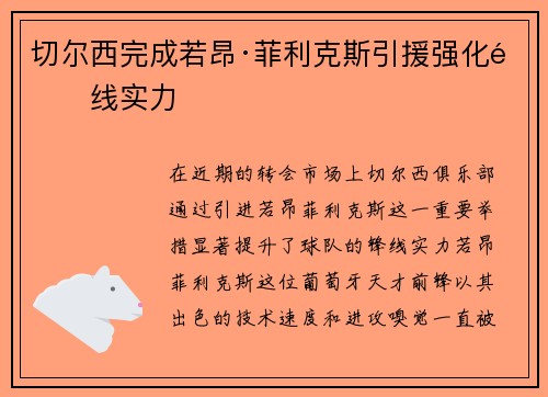 切尔西完成若昂·菲利克斯引援强化锋线实力