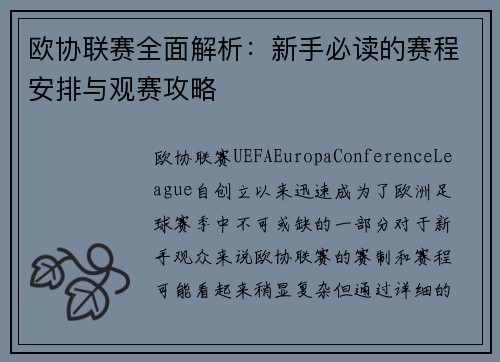 欧协联赛全面解析：新手必读的赛程安排与观赛攻略