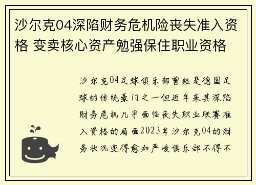 沙尔克04深陷财务危机险丧失准入资格 变卖核心资产勉强保住职业资格