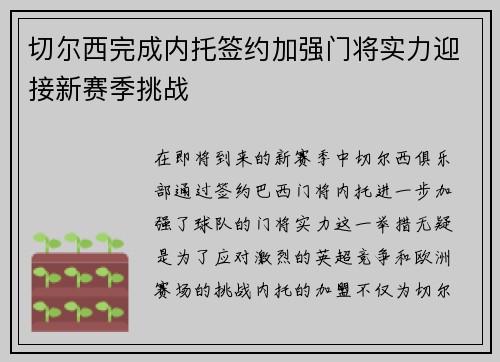切尔西完成内托签约加强门将实力迎接新赛季挑战